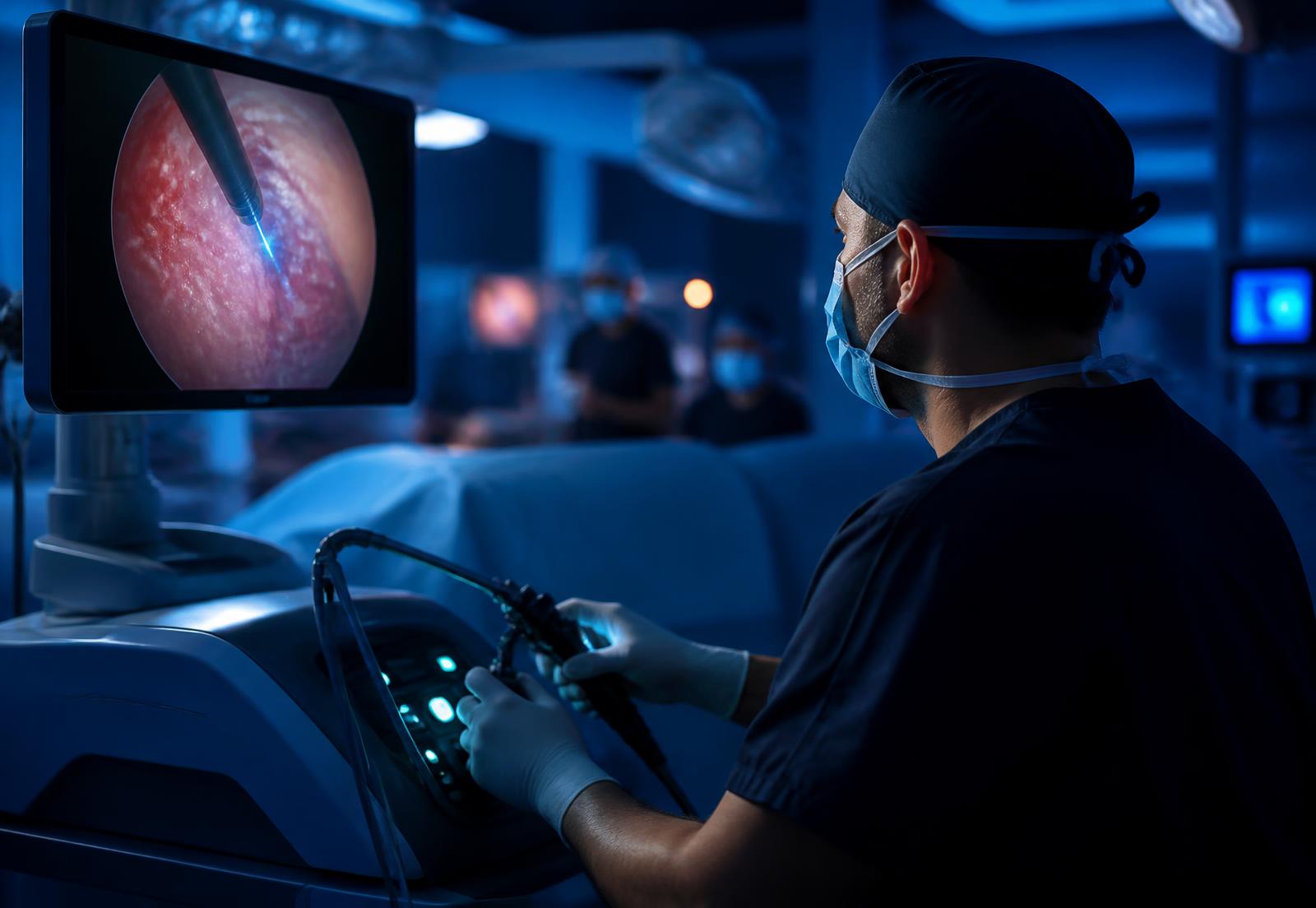 Urologista realizando cirurgia de enucleação prostática a laser